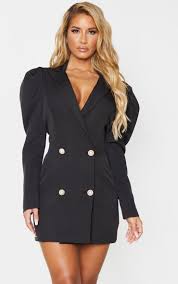 Black Puff Sleeve Pearl Button Blazer Dress In 2020 Blazer Dress Puff Sleeve High Neck Bodycon Dress