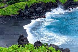 Pohoiki black sand beach holds the special title of being the newest black sand beach in hawaii. Amazon Com Black Sand Beach Coastal Ocean Picture Hawaiian Art Decor Handmade