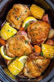 Slow Cooker Chicken Thighs With Vegetables Jessica Gavin Recipe Crockpot Recipes Slow Cooker Slow Cooker Chicken Thighs Chicken Crockpot Recipes