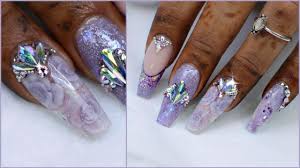 Purple Marble Nails With Encapsulated Flowers Youtube Purple Nails Dark Pink Nails Purple Gel Nails
