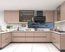 Gambar Kitchen set minimalis U dengan warna cokelat kayu dan island di tengah