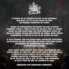 Comprar bilhetes para nos alive '21 (gbp) em passeio maritimo de alges do distribuidor oficial, see tickets (pt). passeio maritimo de alges, lisbon. Nos Alive Reembolsa Mais Cedo Quem Tinha Bilhete Para Este Ano E Nao Quer Nem Voucher Nem Ir Em 2021 Observador