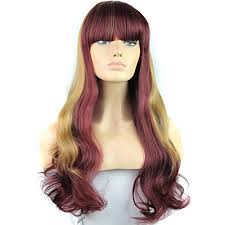 Long curly hair with bangs. Womens Girls Fashion Casual Neat Bangs Long Wavy Curly Hair Wig Wine Red Amp Gold Buy Online In Angola At Angola Desertcart Com Productid 29786587
