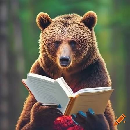 Brown bear in national costume reading a book in the forest on Craiyon