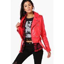 Boohoo Maria Crop Leather Look Biker Jacket 82 Aud Liked On Polyvore Featuring Outer Red Leather Jacket Outfit Leather Jackets Women Leather Jacket Outfits