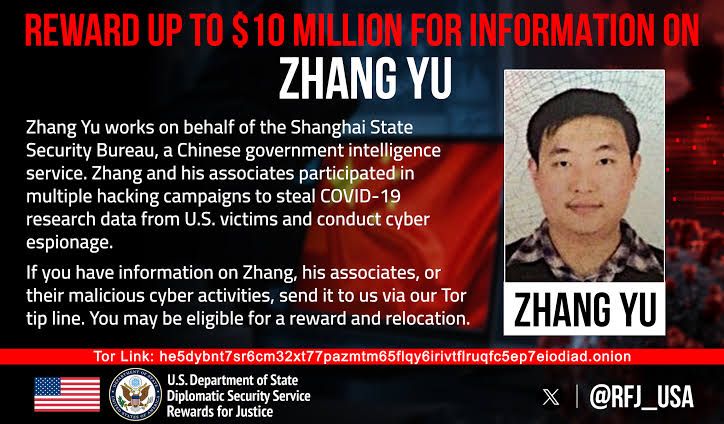 🚨U.S. Department of State-Rewards for Justice is offering a reward up to $10 million for information on Zhang Yu, who is accused of working on behalf of China's Ministry of State Security
