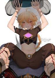 oxygen (0220), aether (genshin impact), arataki itto, gorou (genshin  impact), genshin impact, absurdres, commentary, english commentary,  highres, 3boys, blonde hair, bulge, erection, erection under clothes,  faceless, faceless male, held down, long hair,