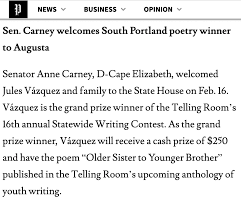 Sen. Carney Welcomes South Portland Poetry Winner to Augusta (South  Portland Sentry) — The Telling Room