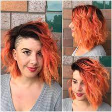 Messy Side Swept Wavy Bob With Orange Ombre Color And Shaved Side The Latest Hairstyles For Men And Women 2020 Hairstyleology Angled Bob Haircuts Chin Length Hair Bobs Haircuts
