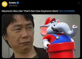 Miyamoto criticized the initial elephant Mario design, saying that it  didn't look like a Mario character and that the way it sprayed water was  wrong.