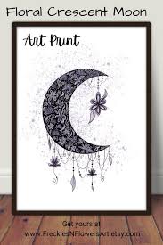 Floral Crescent Moon Print Celestial Print Space Decor Line Etsy Moon Wall Art Moon Art Print Crescent Moon Art