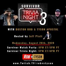 Oct 26, 2021 · boston virtual game night: Survivor Trivia Night 3 On Boston Rob Vs Tyson Tonight Survivor