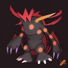 A bipedal pokémon with a humanoid shape and a dark, ominous appearance. it  is primarily black in color, with white accents and glowing red eyes. it  has long, thin arms that end