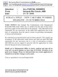 Strata title is the proof of exclusive ownership of a subdivided property that can be legally registered and transacted at the land office. Strata Title New Car Park Setapak Ria Condominium Jmb Facebook