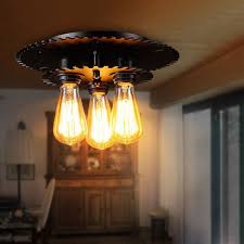 Industrial 3 Light Ceiling Lamp Black Gear Metal Semi Flush Mount Exposed Bulb Flush Mount Ceiling Light Fixtures Flush Mount Ceiling Lights Exposed Bulb