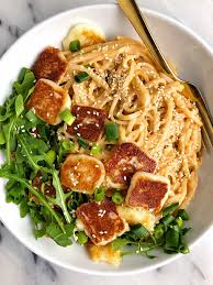 Easy Sesame Peanut Tahini Noodles With Halloumi Gluten Free Recipe Delicious Healthy Recipes Sweet Potato Veggie Burger Healthy Homemade Recipes