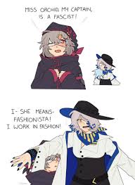 arkiwi, orchid (arknights), oripathy lesion (arknights), popukar (arknights),  arknights, absurdres, highres, 2girls, belt, bird, black belt, black nails,  blush, bright pupils, english text, eyepatch, feather hair, flying  sweatdrops, grey hair, hair over one eye, hat, infection