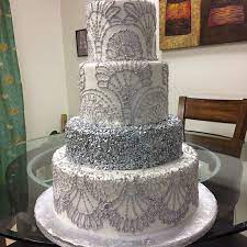 Wedding Cake With Intricate Silver Detail Golden Wedding Cake Sparkle Cake Geode Cake Wedding
