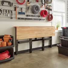 Husky 42 In H X 72 In W X 24 In D Steel And Wood Folding Adjustable Height Garage Workbench In Black Garage Work Bench Wood Top Workbench Folding Workbench