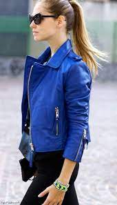 Style Guide How To Wear The Leather Jacket This Autumn Fab Fashion Fix Fall Fashion Coats Blue Leather Jacket Fashion