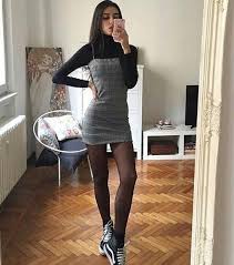 Aesthetic Outfit Black Turtleneck Sweater Gray Spaghetti Strap Mini Dress Black Tights Black And White Sneakers Out Fashion Aesthetic Clothes Cute Outfits
