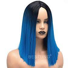 Amazon Com Bestung Ombre Color Black To Blue Dark Roots Heat Resistant Synthetic Wigs With Middle Parting Medium Leng Straight Bob Wig Bob Wig Synthetic Wigs