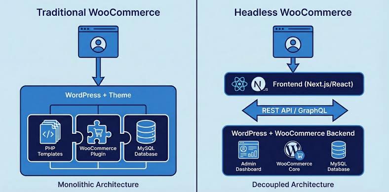 Monolithic vs Decoupled Headless WooCommerce Architecture, AI generated
