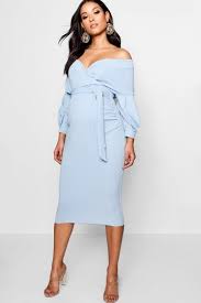 Maternity Off The Shoulder Wrap Midi Dress Boohoo In 2020 Off Shoulder Maternity Dress Blue Maternity Dress Cocktail Dress Maternity