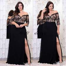 Black Lace Plus Size Prom Dresses With Half Sleeves Off The Shoulder V Neck Split Side Evening Plus Size Evening Gown Plus Size Gowns Plus Size Formal Dresses