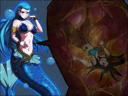 aquarius (fairy tail), cana alberona, fairy tail, highres, 2girls, blue  eyes, blue hair, bra, breasts, brown hair, cleavage, fins, giant, giantess,  long hair, mermaid, midriff, monster girl, multiple girls, navel, stomach,  underwater,