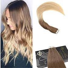 Ugea 20pcs Tape In Hair Extensions Ombre Color Light Brown And Golden Blonde Ugeat Straightb Tape In Hair Extensions Brown Blonde Hair Brown Ombre Hair Color