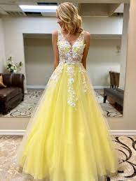 In dresstells, we not only sell fashionable and charming prom dresses, but also match the dresses with handbags, heels and other accessories to give you a. Beautiful 2020 Flower Floral V Neck White Lace Appliques Yellow Tulle Long Prom Dress Under 200
