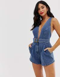 Asos Design Denim Plunge Neck Romper