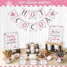 Amazon Com Hot Cocoa Bar Kit Pink Silver Snowflake Hot Cocoa Banner Bar Sign Hot Chocolate Toppings Labels Cup Tags Stickers For Winter Wonderland Baby Shower Baby It S Cold Outside Decorations Frozen Party