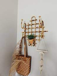 Vintage Bamboo Rattan Wall Hanging Rack Hat Rack Scarf Rack Jewelry Rack Bohemian Style Hanging Racks Scarf Rack Baskets On Wall