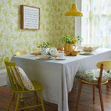 Beautiful Yellow Retro Dining Room With Floral Wallpaper And Dining Room Wallpaper B Q Retro Dining Rooms Dining Room Decor Yellow Dining Room