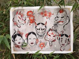 Maybe you would like to learn more about one of these? Japanese Masks Tattoo Flash Sheet I Made Using Indian Ink And Aqualine On Arches Paper Illustration