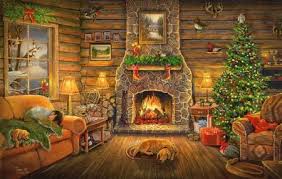 A fire is burning in the firebox and the mantle is decorated with festive items including a candle and a strand of holly and berries. Gallery For Cozy Fireplace Wallpaper Christmas Paintings Christmas Puzzle Christmas Scenes