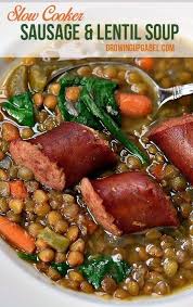 Sausage And Lentil Soup Is Cooked In Crock Pot Slow Cooker Until The Lentils Are Tender In This Delici Slow Cooker Lentils Lentil Recipes Healthy One Pot Meals