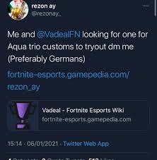 Best of vadeal januar vadeal meist geschaute clips januar. Rezon Ay Has Left Aqua And Noah And Is Now Playing With Vadeal For Trios Fortnitecompetitive