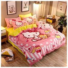 This hello kitty bedroom idea is suitable for your two daughters who are fanatics of hello kitty, but they also want to have a luxurious bedroom without appearing too immature. A Queen Size Featuring Hello Kitty Bedding Set 3 And 4 Pieces Single Queen Twin Full Size Yellow Pink Cute Cartoon Animate Girly Home Bedding Linen Urbytus Com