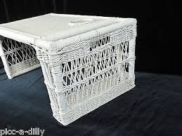Vtg shabby chic white wicker bed breakfast lap tray with 1 pockets. Vintage White Wicker Breakfast In Bed Tray Lap Desk Shabby Cottage Chic Wooden 543066255