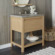 Boasting a solid neutral finish features two drawers and one cabinet for keeping crisp towels, cleaning supplies, and other bathroom essentials. Solace 30 Inch Oak Bathroom Vanity Native Trails