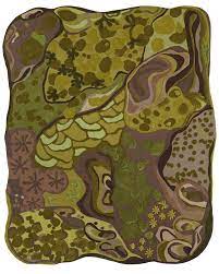 Handtufted wool rug depicting a whimsical mountain scene. Woodland Forest Moss Rug Angela Adams Designer Handmade Rugs