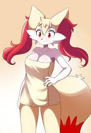 77245 - suggestive, artist:lucyfercomic, oc, oc only, oc:bray (lucyfercomic),  braixen, fictional species, mammal, anthro, nintendo, pokémon, 2020, big  breasts, breasts, female, hand on hip, open mouth, solo, solo female,  starter pokémon, towel -