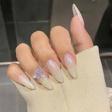 Najtańsze oferty najszybciej u ciebie. 24pcs Aesthetic Milk White Color Aurora Butterfly Decor Fairy Temperament Long Style Waterproof Detachable Fake Nails Ty False Nails Aliexpress