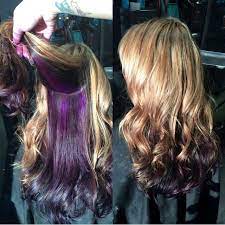Purple mermaid hair balayage on dark hair. Blonde Highlights With Peek A Boo Purple Hair Hairdo Hair Styles