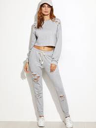 Heather Grey Ripped Crop Top With Drawstring Waist Pants