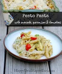 Easy Vegetarian Pesto Pasta Recipe With Avocado Parmesan Romano Tomatoes Happy Deal Happy Day Recipe Pesto Pasta Recipes Vegetarian Pesto Pasta Pesto Pasta