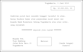 Dalam undang undang tidak terdapat defenisi promes, namun dari sifatnya, promes dapat digolongkan ke dalam surat tagihan hutang. Buatlah Contoh Surat Wesel